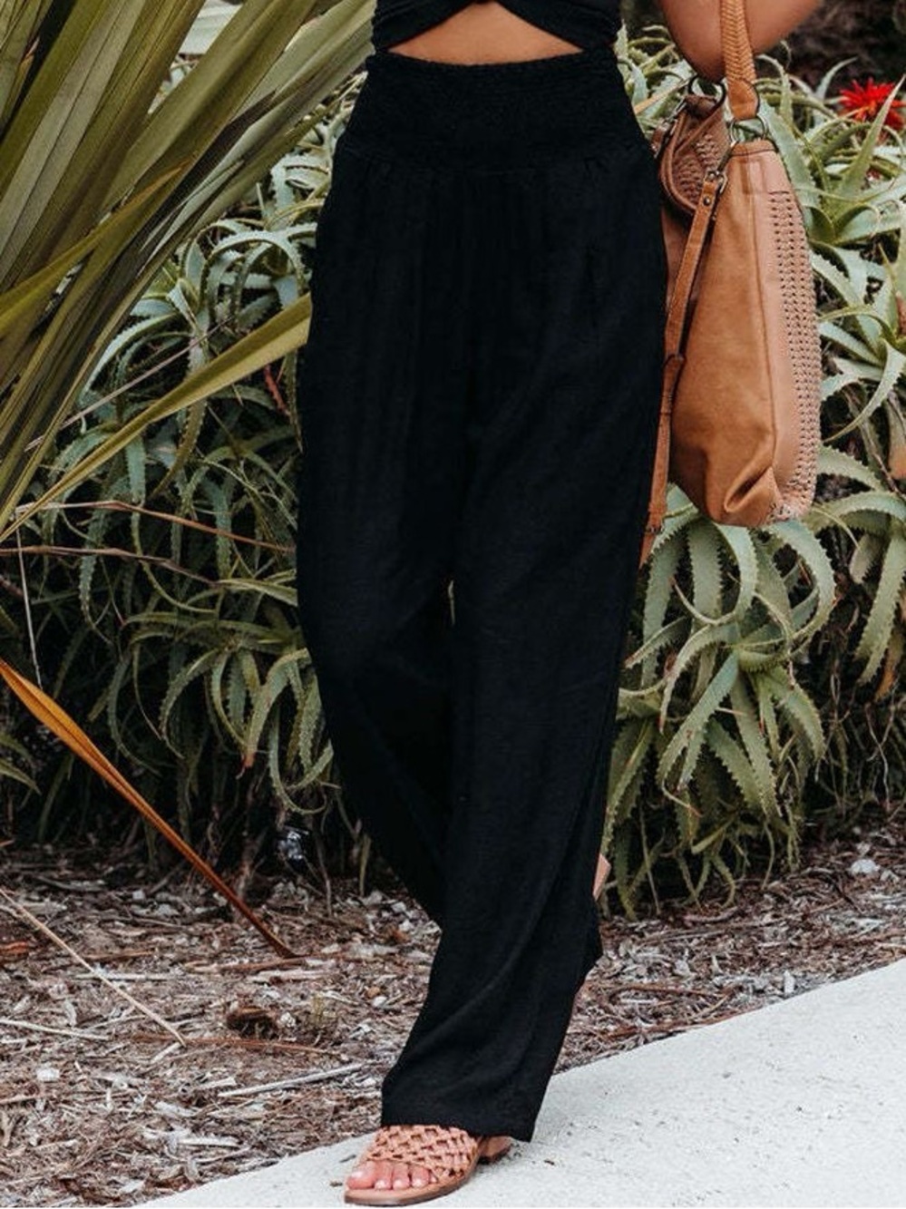 Wide Leg Black Elastic Waist Linen Pants